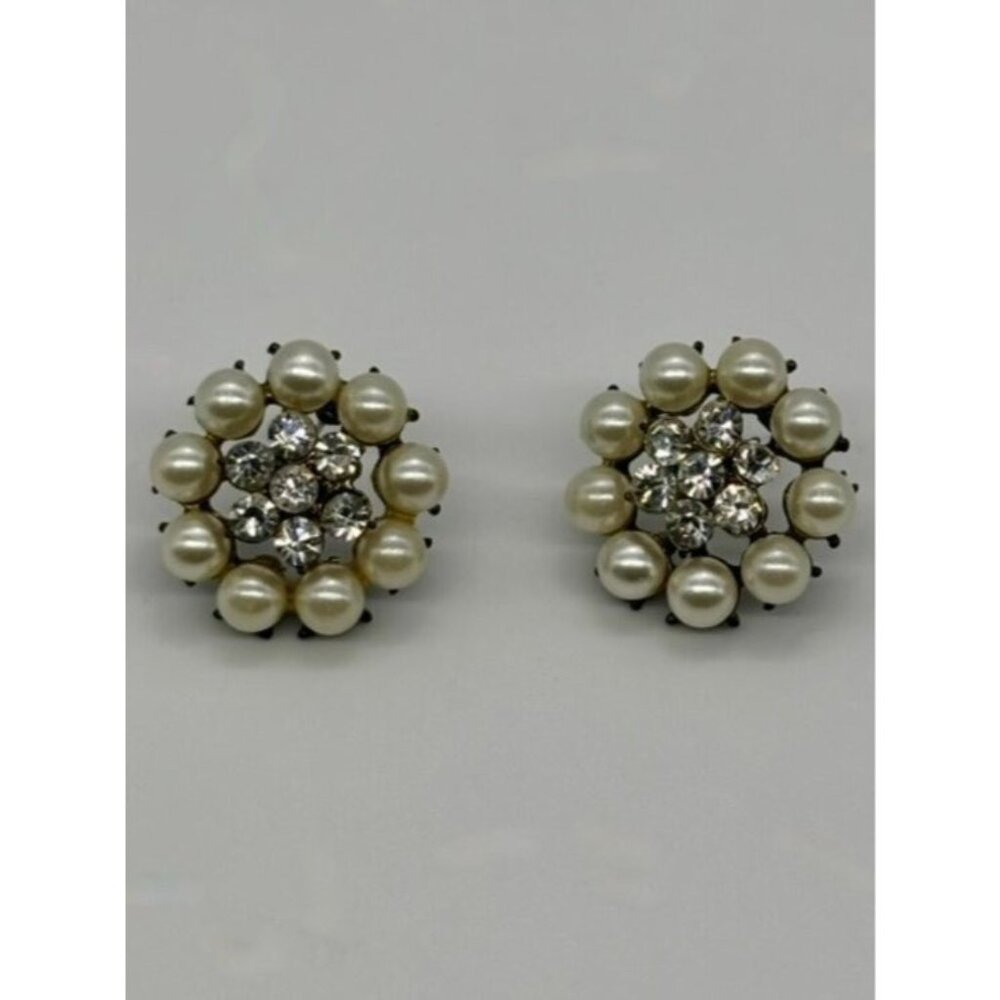 Vintage Faux Pearl and Clear Rhinestone Silver-Tone Metal Post Earrings Unmarked